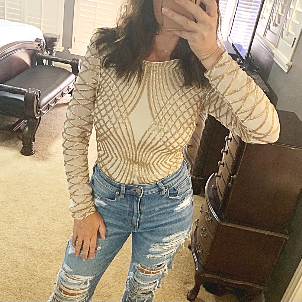 🆕*Bebe* Open Back Sequin Long-Sleeve Bodysuit M